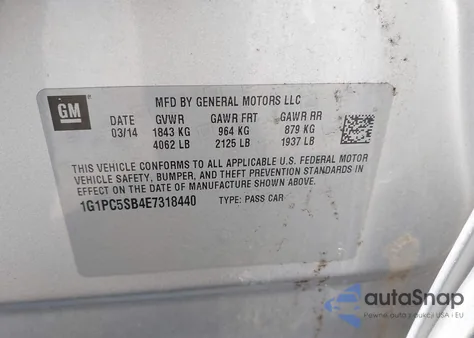 2014 Chevrolet Cruze 1Lt Auto from USA, damaged, VIN 1G1PC5SB4E7318440